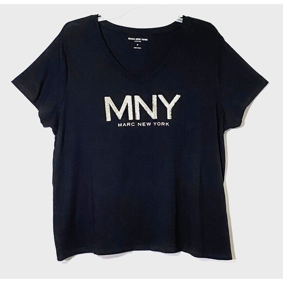 Marc New York Sequin Logo T Shirt Women Plus Size 2X Black Silver Knit Read - Picture 1 of 11